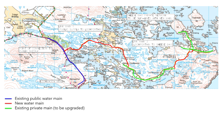 Satellite image of area of pipework upgrade across Lochportain, Cheesebay and Hoebeg