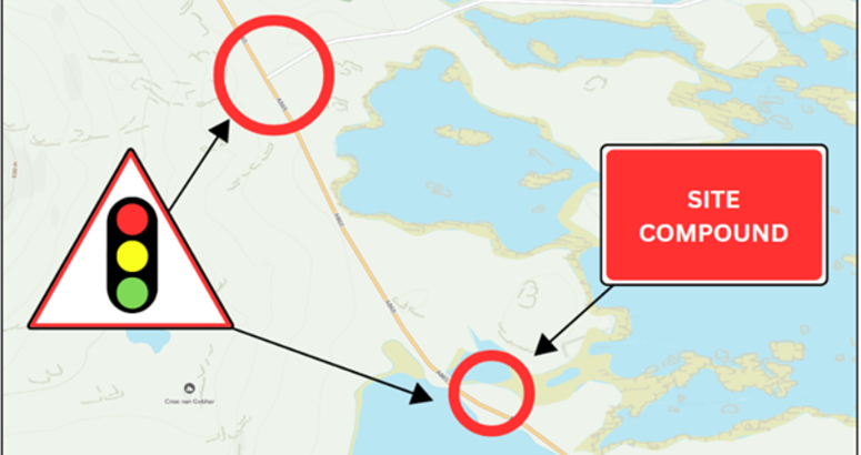 Image detailing area of site compound and traffic management measures being implemented as part of Lochportain private water supplies project