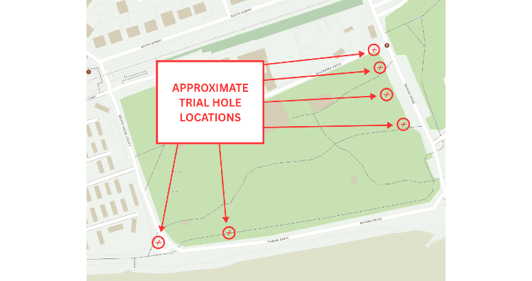Approximate locations of six trial holes around park area