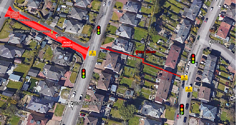 A map showing a road closure on Stamperland Way, with highlighted routes for sewer work. The closure is marked in red, with "Road Closed" text. Temporary storage and site compound areas are indicated nearby. Traffic signals and diversion signs are placed at various junctions, including Stamperland Drive and Moray Drive, to manage access. The path of the sewer work is outlined in red. Nearby residential areas and streets are visible in the background.