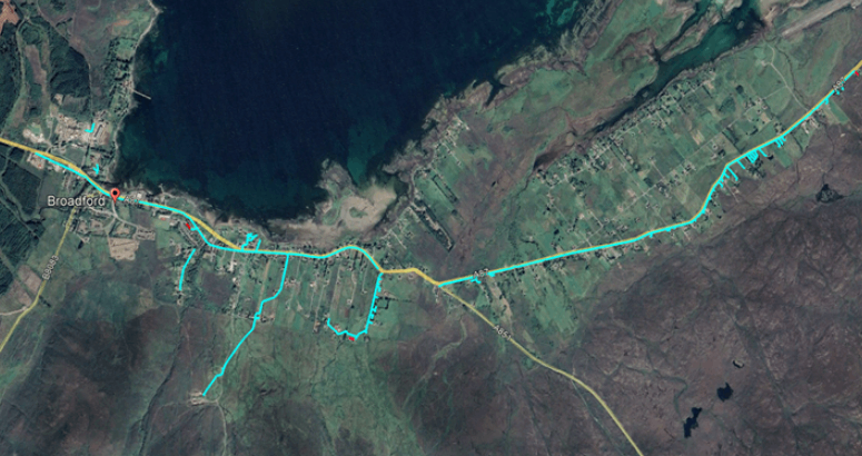 An aerial shot of a map of Broadford, Skye, with the new route for the water main denoted in turquoise highlight
