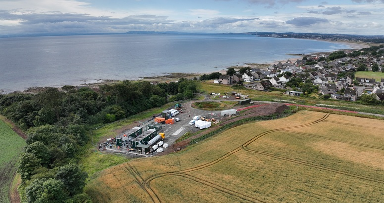 Aerial shot showing the secondary treatment works near the coast at Lower Largo