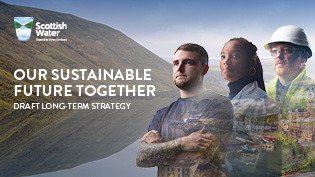 Draft Long Term Strategy front cover with two males and female Scottish Water workers against a mountain backdrop