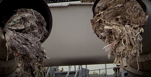 dirty wet wipes blocking two huge pipes at waste water treatment works
