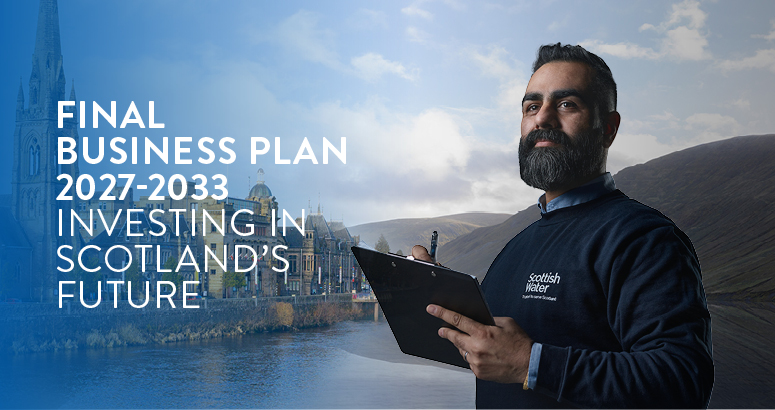 Front cover of the Scottish Water Business Plan featuring a male employee holding a clipboard against a scenic backdrop