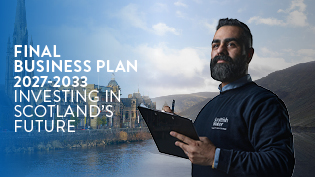 Front cover of the Scottish Water Business Plan featuring a male employee holding a clipboard against a scenic backdrop