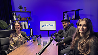 Flora Duff, left, Adam Raja, middle, Mariella Maguire, right, recording Drip Feed podcast round a table in a studio