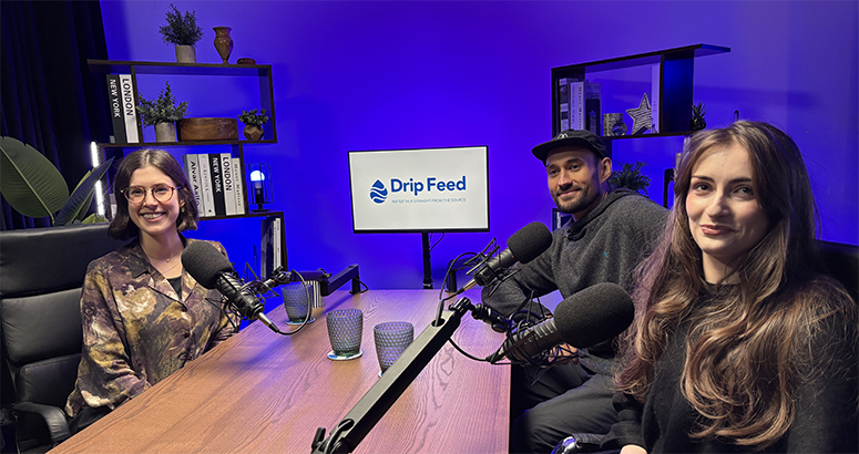 lora Duff, left, Adam Raja, middle, Mariella Maguire, right, recording Drip Feed podcast round a table in a studio